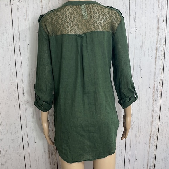 Free People Green Linen Cotton Blend Long Sleeves Army Green Top Lace Bodice - Picture 2 of 11